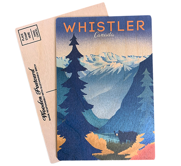 Black Bear by the Lake  and Snowy Mountains Wooden Whistler Postcard 