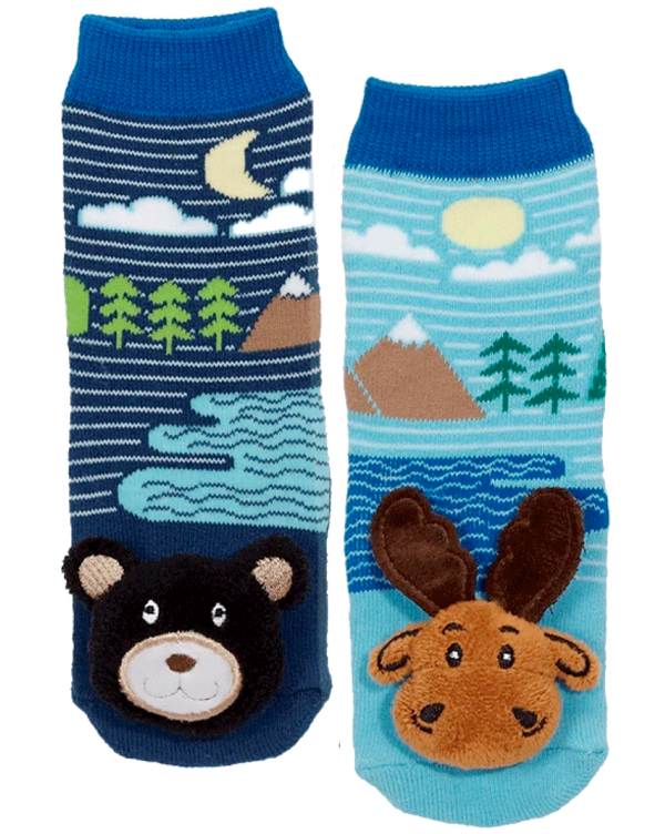 Bear and Moose Head Plush on Mismatched Infant Socks