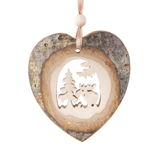 Tree Bark Heart Shape with Carved  Moose   in Forest  Ornament 2.75