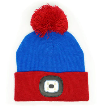 Kids Blue Beanie with Red Pom & Brim with  Rechargeable LED Light 