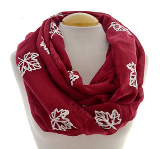 Infinity Red Scarf with White Maple Leaf Embroidery 