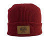Red  Knit Beanie with Faux Leather Patch
