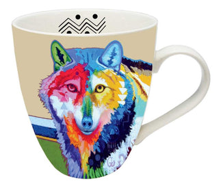 Indigenous Colourful Wolf Face Art Mug detailed with Artist Signature in the cup
