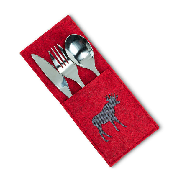 Embroider Moose Red Felt Flatware Pocket   