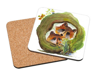 Two Adorable Foxes Peeking  Art Coaster