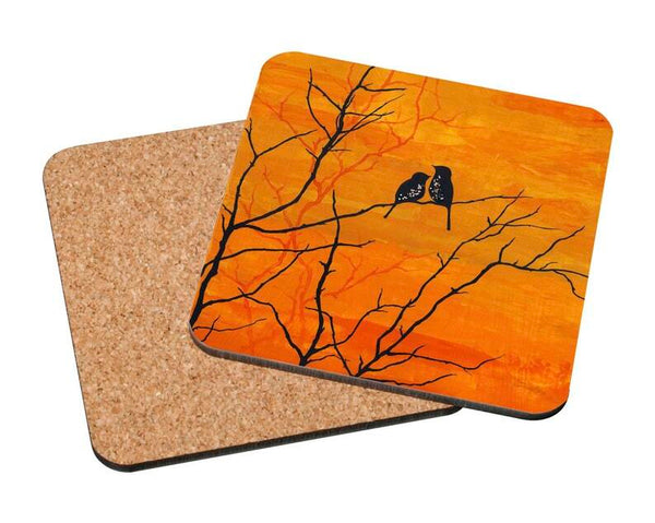 Two Birds on Branch and Orange Sky Art Coaster