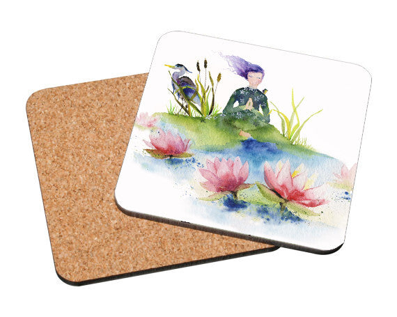 Heron, Meditating Lady & Lotus on Water Art Coaster