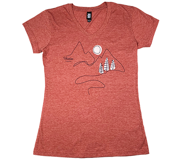 Heather Chili  Ladies V Neck Tee with Mountain Outline Print