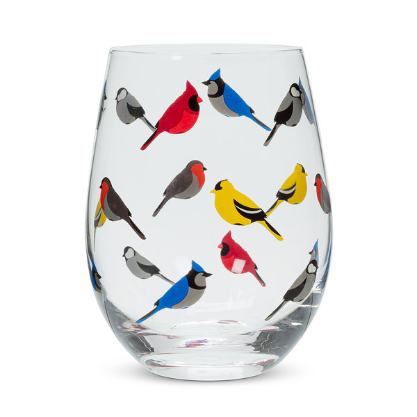 All Over Multi Color Birds Print Stemless Wine Glass