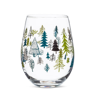 All Over Pine Trees Print Stemless Wine Glass