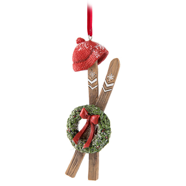 Skis with Wreath and Red Toque Ornament