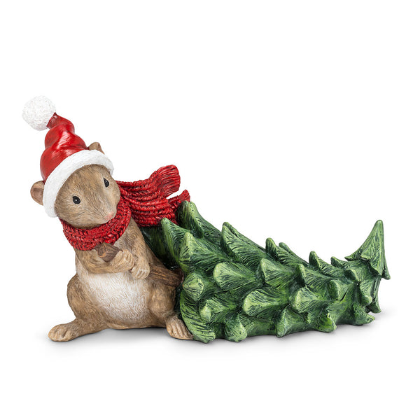 Santa Mouse Pulling a Pine Tree Figurine