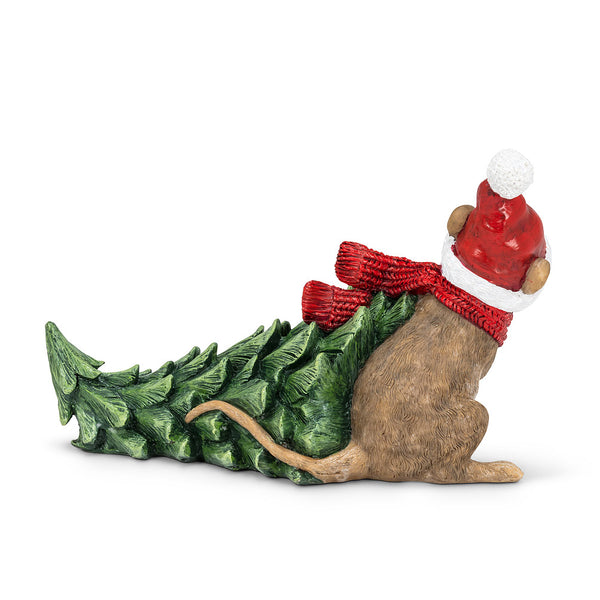 Santa Mouse Pulling a Pine Tree Figurine 