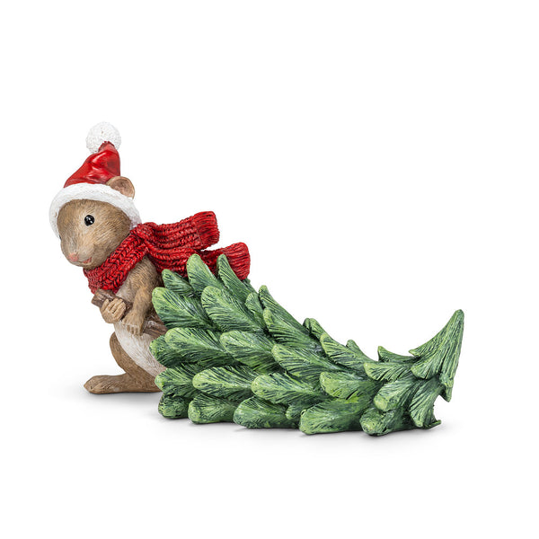 Santa Mouse Pulling a Pine Tree Figurine