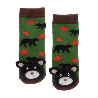 Bear Head Plush on Maple Leaves Printed Infant Socks
