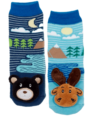 Bear and Moose Head Plush on Mismatched Infant Socks