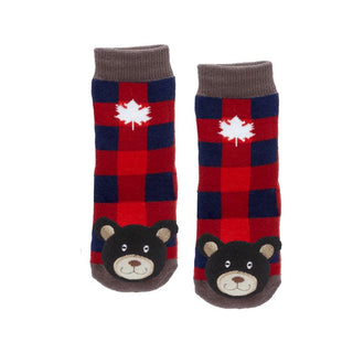 Bear Head Plush on Plaid Infant Socks