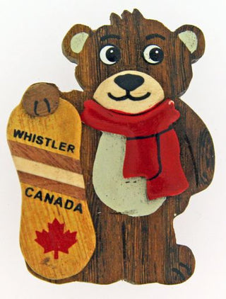 Wooden Magnet Bear Wearing Scarf holding a Snowboard 