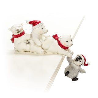 3 Polar Bear Cubs Holding a Penguin on Edge Figurine