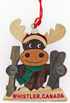 Wooden Ornament Moose holding Skis and Poles 