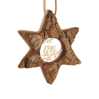 Tree Bark Star  Shapes with 3 Owls on Branch Carved Ornament 2.50
