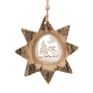 Tree Bark Star  Shaped with Moose & Tree Carved Ornament 4