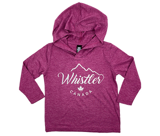 Heather Orchid Pink Long-sleeved Kids Tee with iridescent  Whistler Script and Mountain Outline Print 