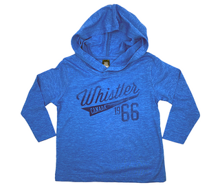 Heather Blue Long Sleeve Hooded Kids Tee with Whistler Canada 1966  Distressed Collegiate Banner Print 
