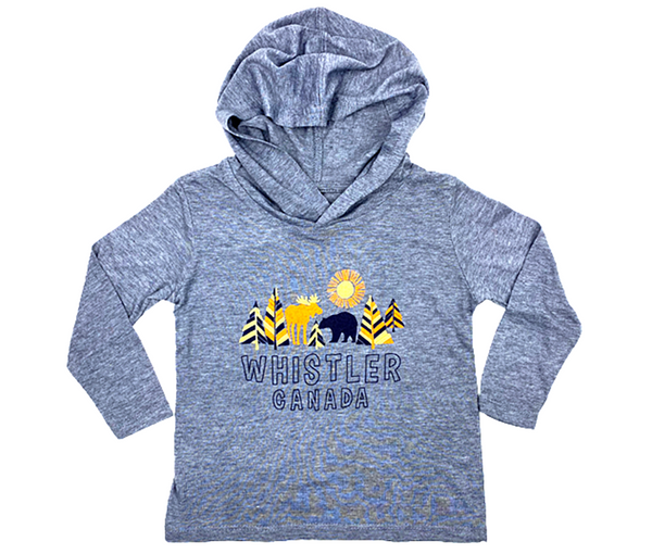 Heather Grey Hooded Long Sleeve  Kids Tee with Bear Moose Trees and  Sun Print  