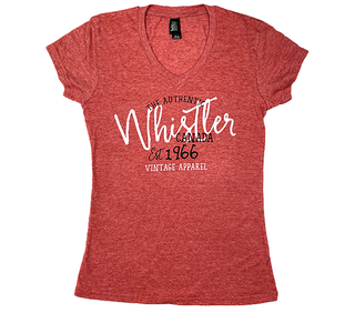 Ladies V Neck Short Sleeve  Chili Color Tee  Whistler Canada Script Print 