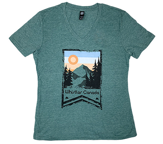 Spruce Color Ladies V neck Tee with Mountain Sunset Whistler Canada Print 