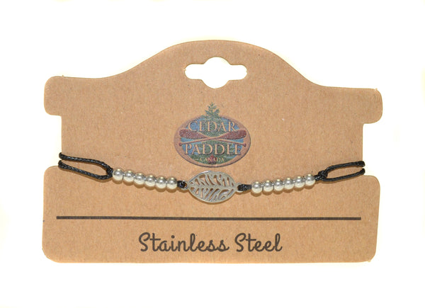 Beaded Cord Stainless Steel Leaf Charm Bracelet