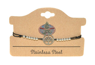 Beaded Cord Stainless Steel Leaf Charm Bracelet