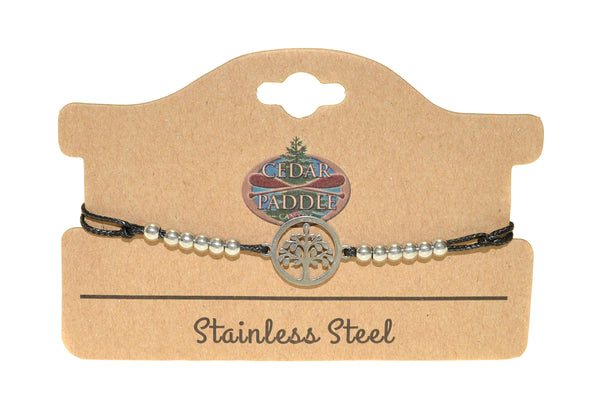 Beaded Cord  Stainless Steel Tree of Life Charm Bracelet