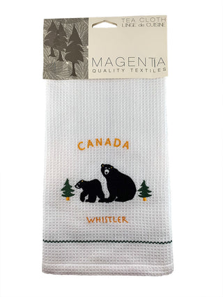 White Waffle Tea Towel Mama Bear and Cub Embroidered