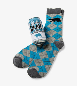 Blue Grey Argyle Socks   with Black Bear in Beer Can
