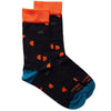 Black socks with orange and grey semi-circle pattern, blue heel/toe, orange ankle cuff