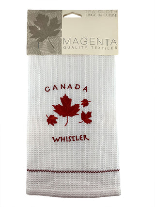 White Waffle Tea Towel Maple Leaves Embroidered
