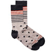 Cream socks with orange/black stripes along ankle, black square pattern, grey toe/heel/ankle cuff