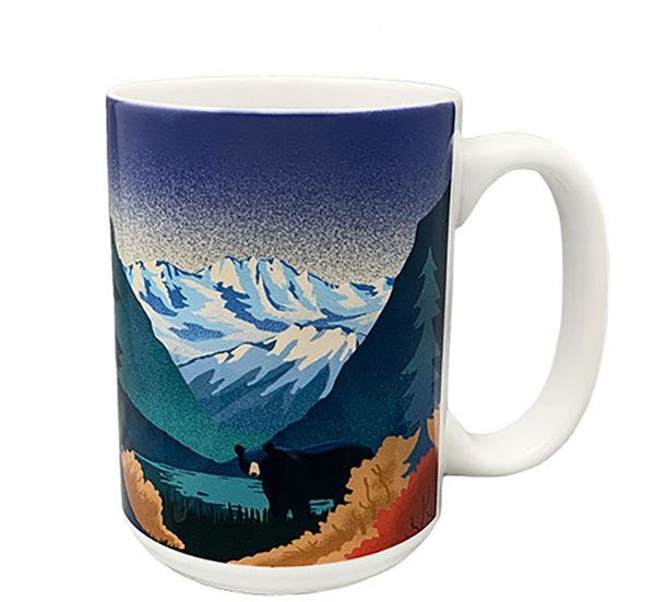 Black Bear by the Lake and Snowy Mountains Tall Mug