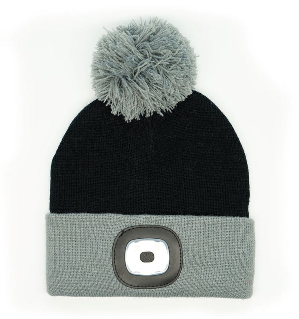 Kids Black Beanie with Grey Pom and Brim Rechargable LED Light