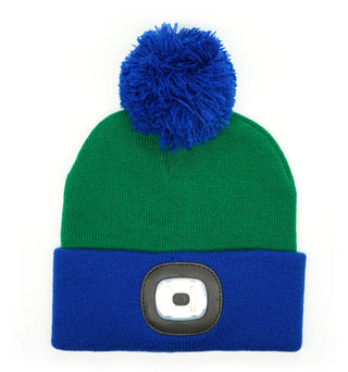 Kids Green Beanie with Blue Pom & Brim with Rechargeable LED Light 