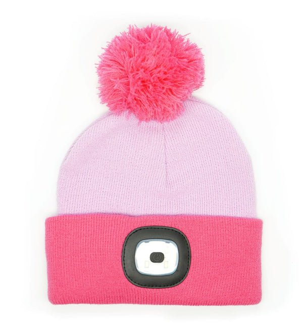 Kids Light Pink Beanie with Dark Pink Pom and Brim  with Rechargeable LED Light 