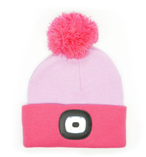 Kids Light Pink Beanie with Dark Pink Pom and Brim  with Rechargeable LED Light 