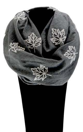 Infinity Grey Scarf with White Maple Leaf Embroidery