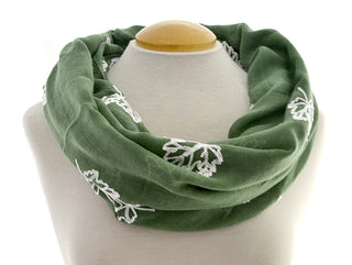 Infinity Forest Green Scarf with White Maple Leaves Embroidery