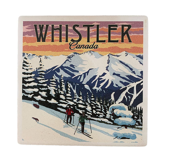 Two Skiers on the Mountain Ceramic Coaster