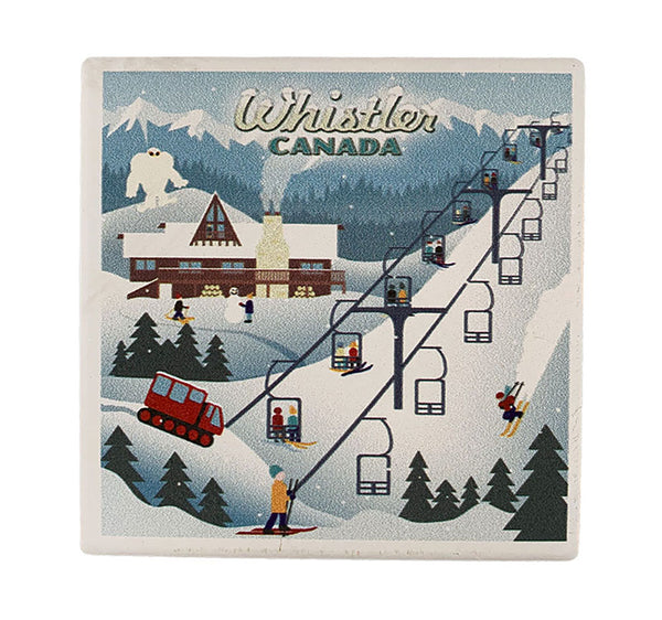 Whimsical Whistler Winter Chairlift Ceramic Coaster