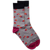 Grey socks with orange and pink semi-circle pattern, magenta toe/heel, black ankle cuff