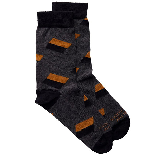 Dark grey socks with  brown  and black rectangle print, black ankle cuff/heel/toes